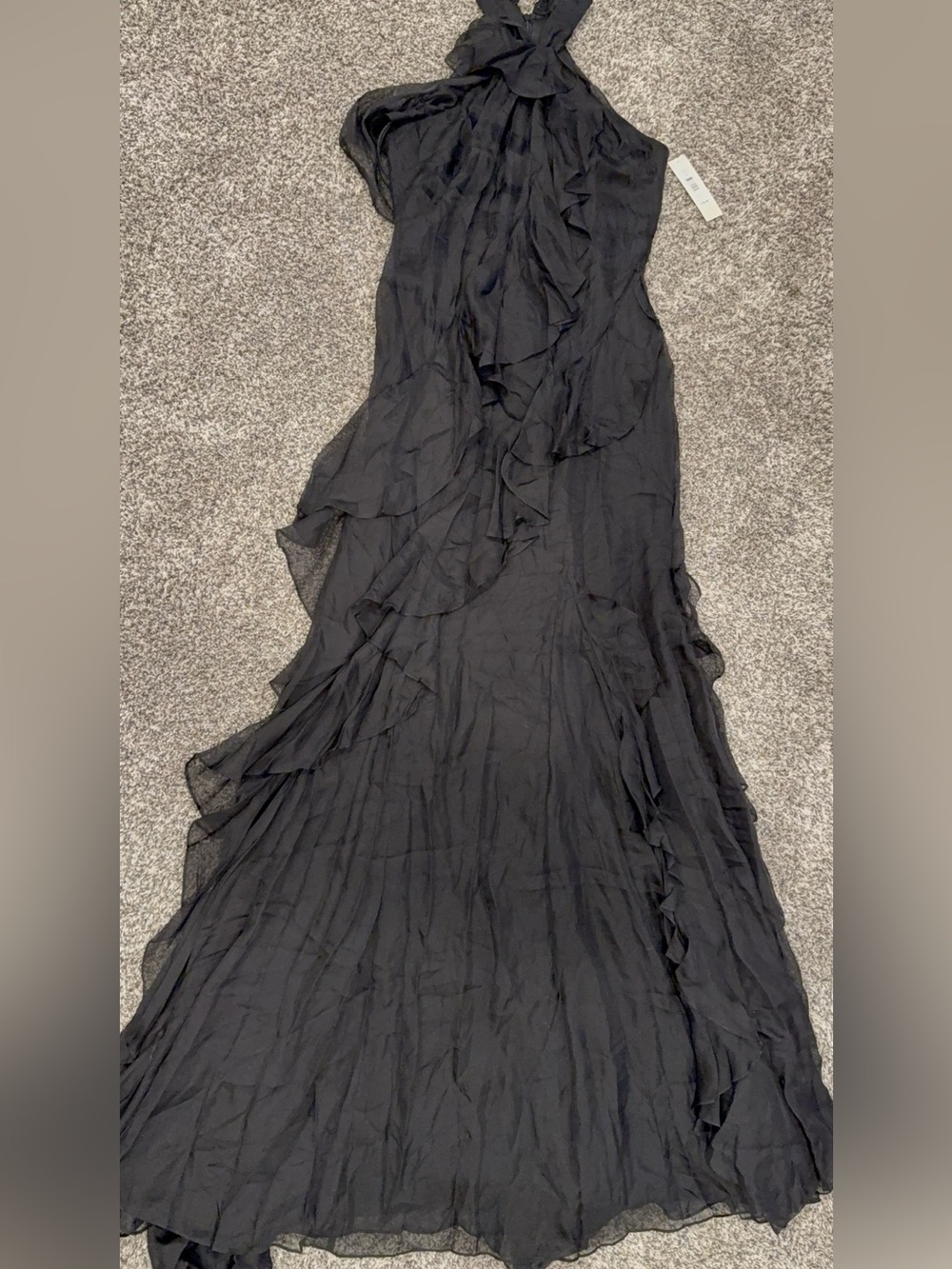 Badgley Mischka Collection Silk Black Ruffle Halter Gown Size 8 NWT $750